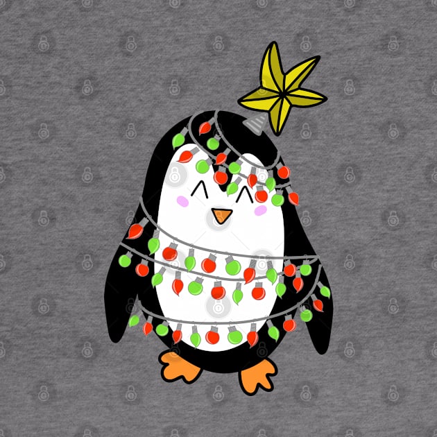 Cute Christmas Tree Lights Wrapped Penguin with a Star on his Head on a Green Backdrop, made by EndlessEmporium by EndlessEmporium